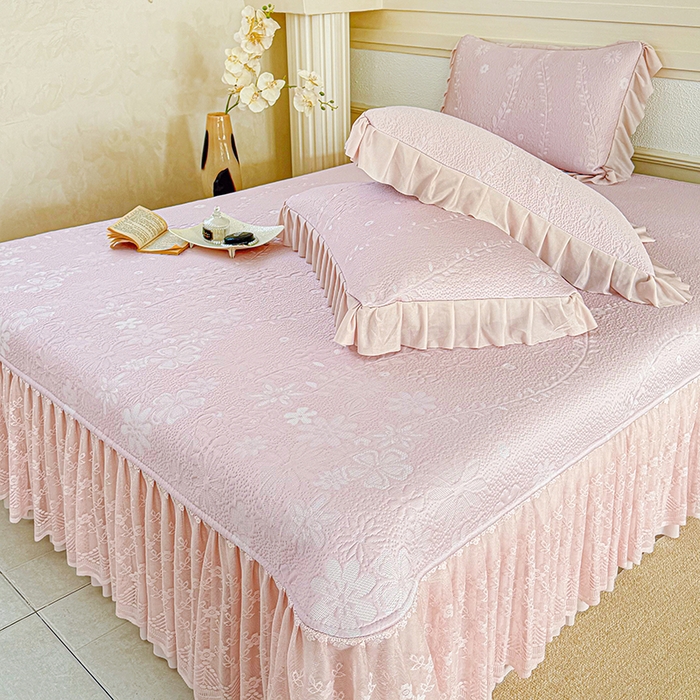 91家纺网 家纺一手货源 找家纺 （总）金绣美居 2026新款PE高分子凉感席聚乙烯冰感床裙款凉席三件套-一路生花