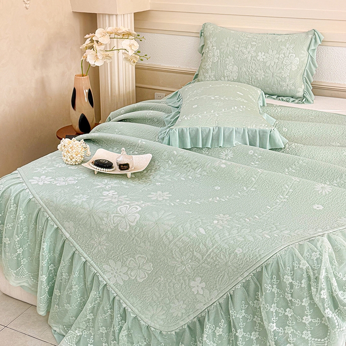 91家纺网 家纺一手货源 找家纺 金绣美居 2026新款PE高分子凉感席聚乙烯冰感床裙款凉席三件套-一路生花 一路生花-绿色