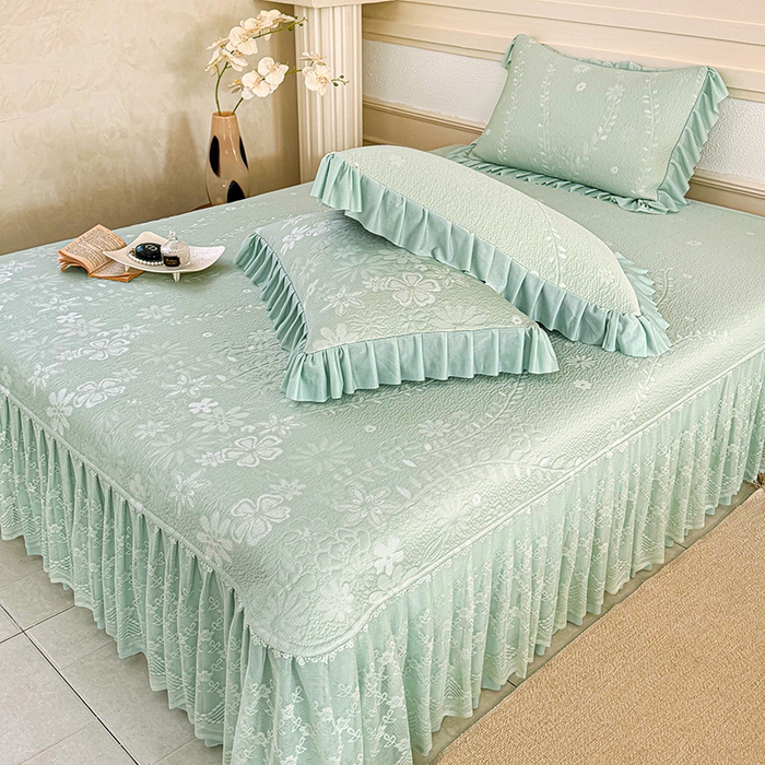 91家纺网 家纺一手货源 找家纺 金绣美居 2026新款PE高分子凉感席聚乙烯冰感床裙款凉席三件套-一路生花 一路生花-绿色