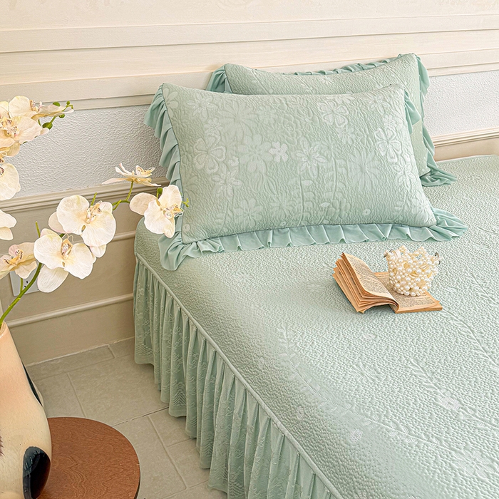 91家纺网 家纺一手货源 找家纺 金绣美居 2026新款PE高分子凉感席聚乙烯冰感床裙款凉席三件套-一路生花 一路生花-绿色