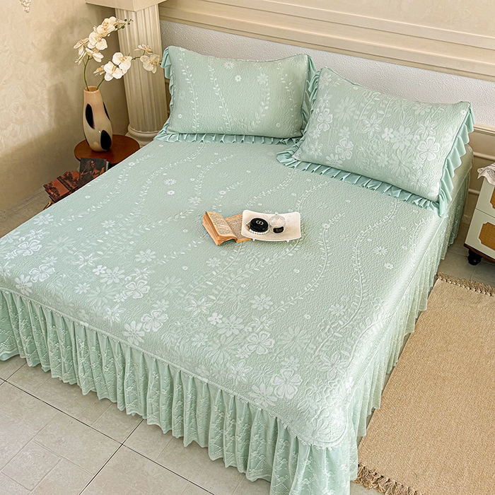 91家纺网 家纺一手货源 找家纺 金绣美居 2026新款PE高分子凉感席聚乙烯冰感床裙款凉席三件套-一路生花 一路生花-绿色