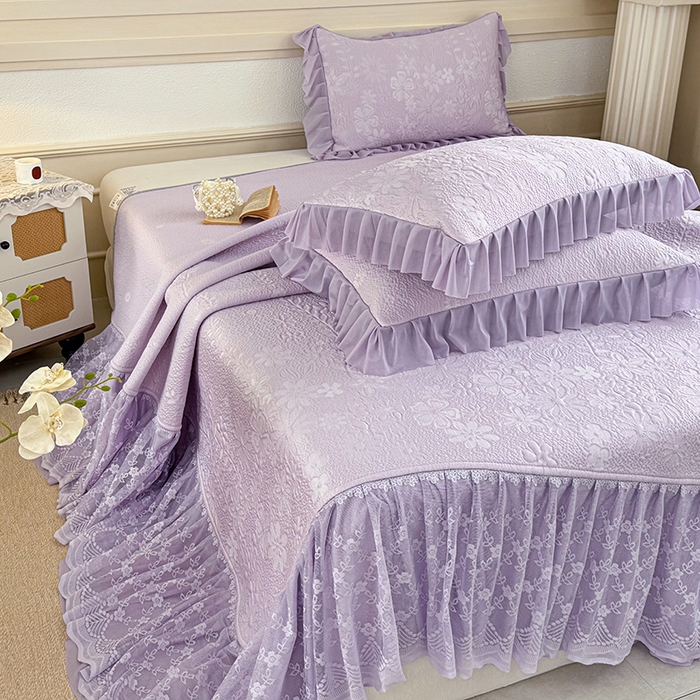 91家纺网 家纺一手货源 找家纺 金绣美居 2026新款PE高分子凉感席聚乙烯冰感床裙款凉席三件套-一路生花 一路生花-紫色