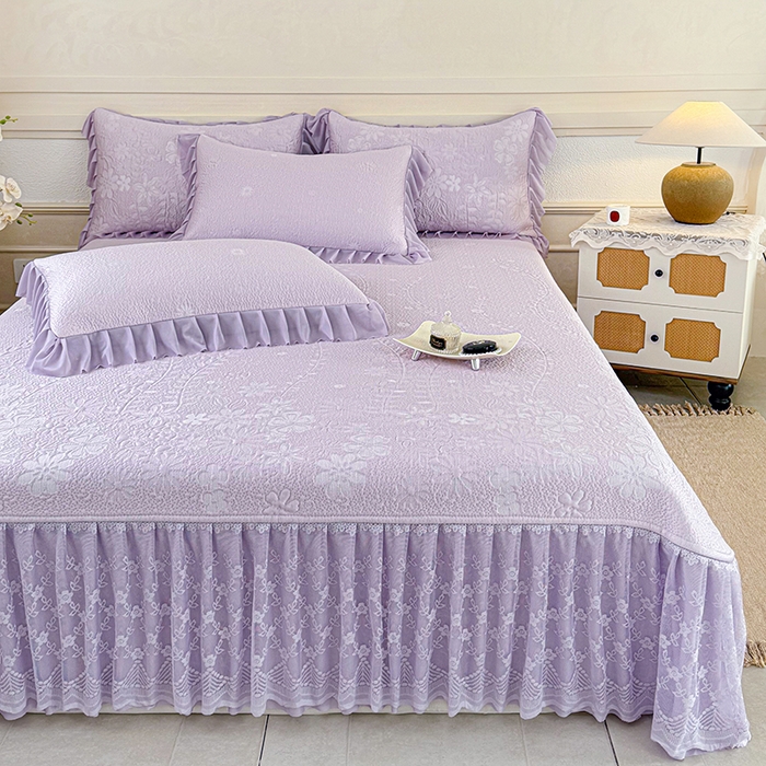 91家纺网 家纺一手货源 找家纺 金绣美居 2026新款PE高分子凉感席聚乙烯冰感床裙款凉席三件套-一路生花 一路生花-紫色