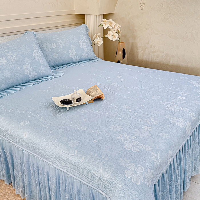 91家纺网 家纺一手货源 找家纺 金绣美居 2026新款PE高分子凉感席聚乙烯冰感床裙款凉席三件套-一路生花 一路生花-蓝色