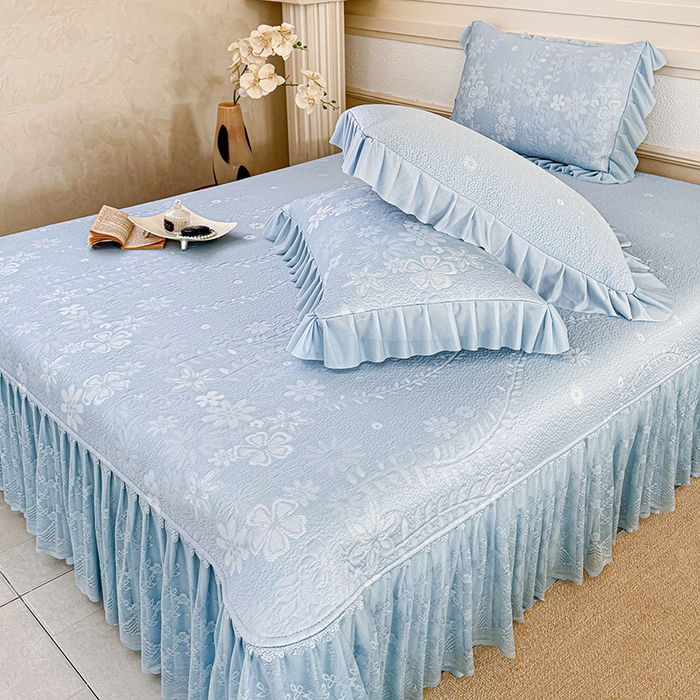 91家纺网 家纺一手货源 找家纺 金绣美居 2026新款PE高分子凉感席聚乙烯冰感床裙款凉席三件套-一路生花 一路生花-蓝色