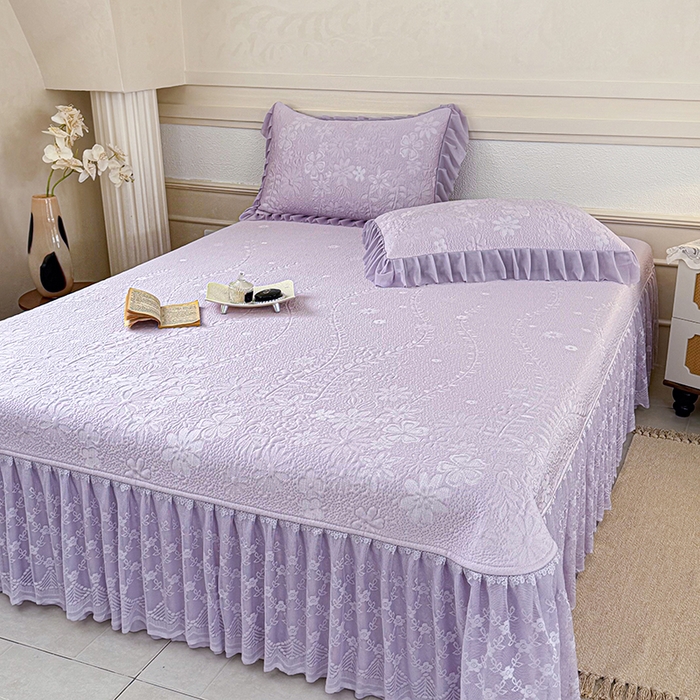 91家纺网 家纺一手货源 找家纺 金绣美居 2026新款PE高分子凉感席聚乙烯冰感床裙款凉席三件套-一路生花 一路生花-紫色