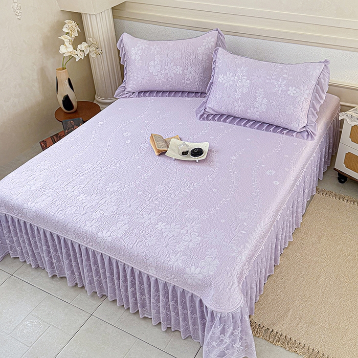 91家纺网 家纺一手货源 找家纺 金绣美居 2026新款PE高分子凉感席聚乙烯冰感床裙款凉席三件套-一路生花 一路生花-紫色