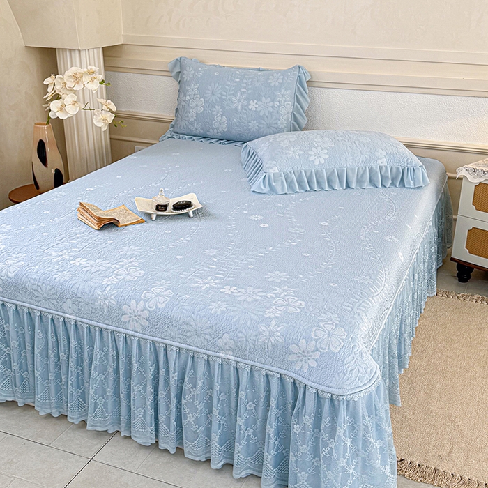 91家纺网 家纺一手货源 找家纺 金绣美居 2026新款PE高分子凉感席聚乙烯冰感床裙款凉席三件套-一路生花 一路生花-蓝色