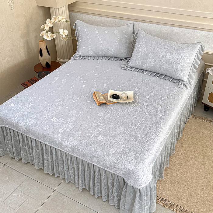 91家纺网 家纺一手货源 找家纺 金绣美居 2026新款PE高分子凉感席聚乙烯冰感床裙款凉席三件套-一路生花 一路生花-灰色