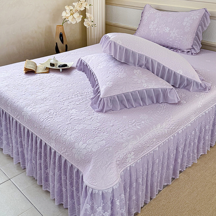 91家纺网 家纺一手货源 找家纺 金绣美居 2026新款PE高分子凉感席聚乙烯冰感床裙款凉席三件套-一路生花 一路生花-紫色