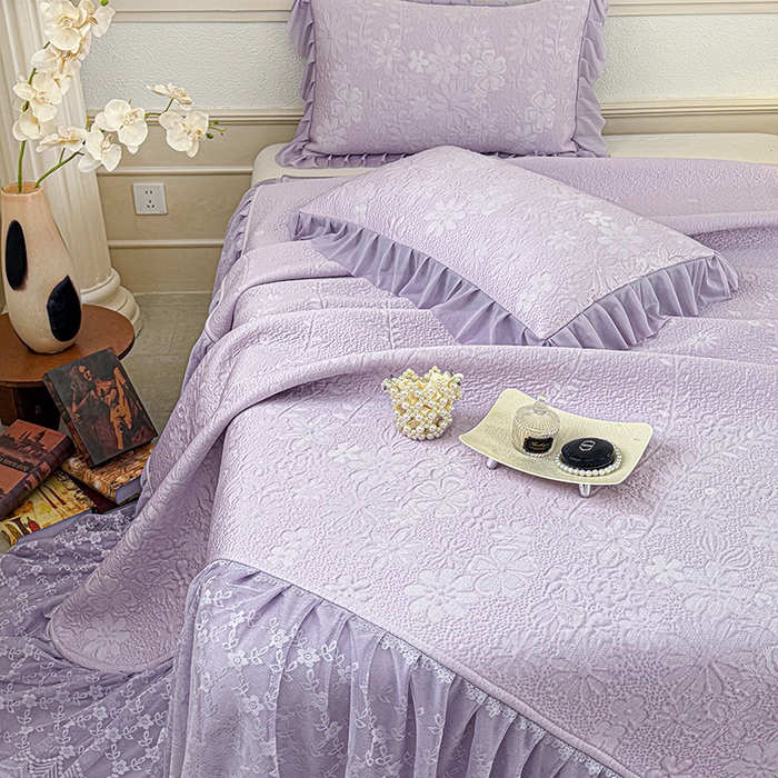 91家纺网 家纺一手货源 找家纺 金绣美居 2026新款PE高分子凉感席聚乙烯冰感床裙款凉席三件套-一路生花 一路生花-紫色