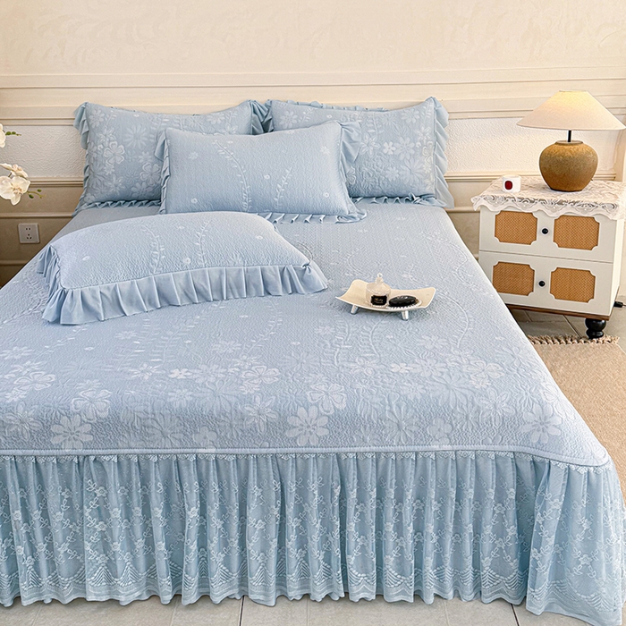 91家纺网 家纺一手货源 找家纺 金绣美居 2026新款PE高分子凉感席聚乙烯冰感床裙款凉席三件套-一路生花 一路生花-蓝色