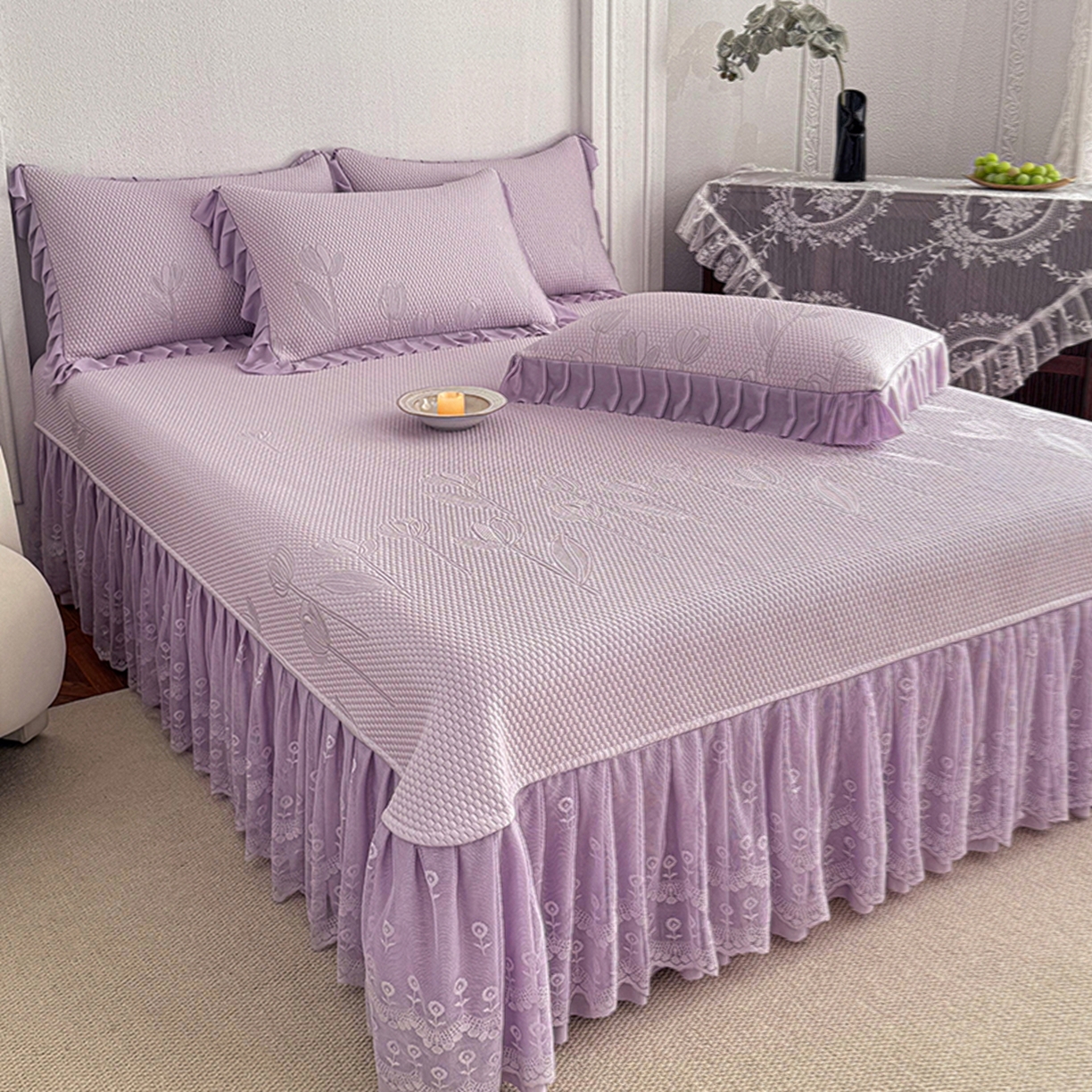 91家纺网 家纺一手货源 找家纺 （总）金绣美居 2026新款PE高分子凉感席聚乙烯冰感床裙款凉席三件套-七里香