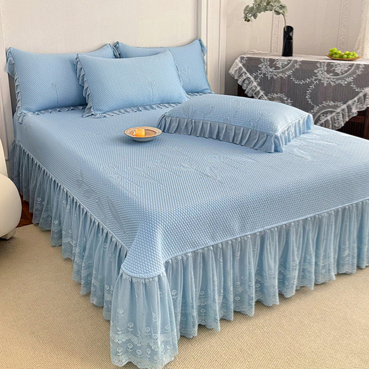 91家纺网 家纺一手货源 找家纺 （总）金绣美居 2026新款PE高分子凉感席聚乙烯冰感床裙款凉席三件套-七里香