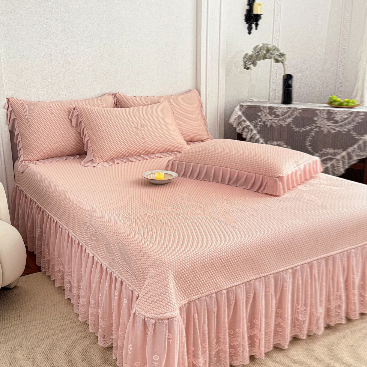 91家纺网 家纺一手货源 找家纺 （总）金绣美居 2026新款PE高分子凉感席聚乙烯冰感床裙款凉席三件套-七里香