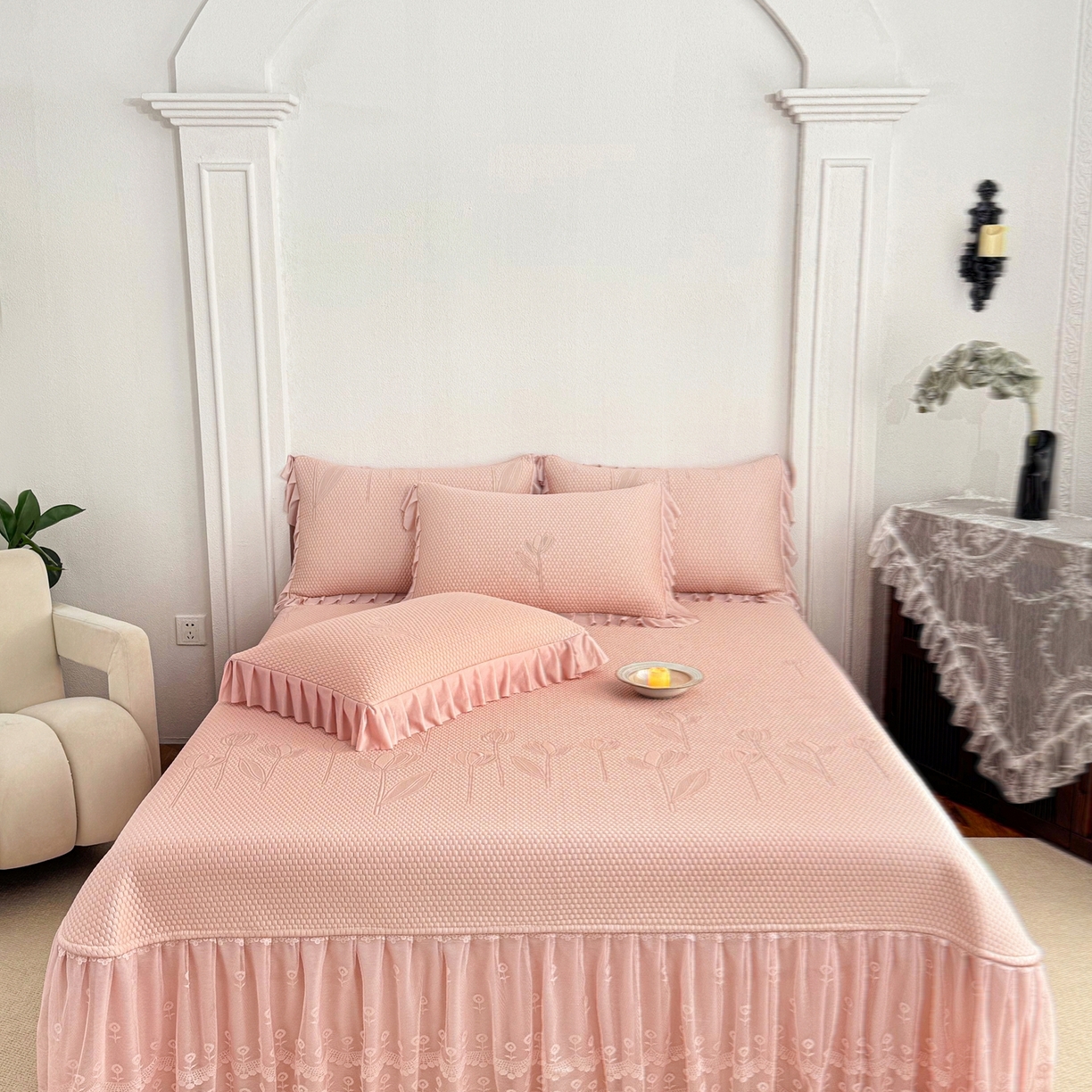 91家纺网 家纺一手货源 找家纺 （总）金绣美居 2026新款PE高分子凉感席聚乙烯冰感床裙款凉席三件套-七里香