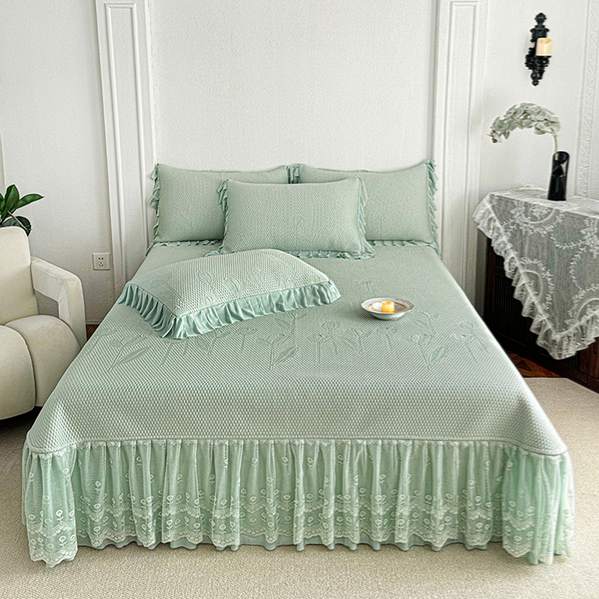 91家纺网 家纺一手货源 找家纺 金绣美居 2026新款PE高分子凉感席聚乙烯冰感床裙款凉席三件套-七里香 七里香-绿色