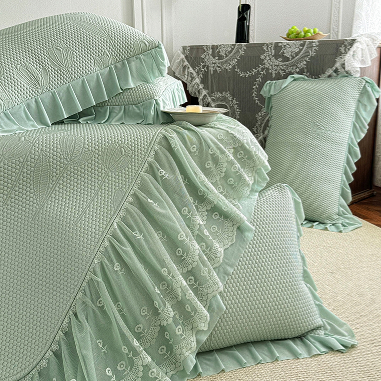 91家纺网 家纺一手货源 找家纺 金绣美居 2026新款PE高分子凉感席聚乙烯冰感床裙款凉席三件套-七里香 七里香-绿色