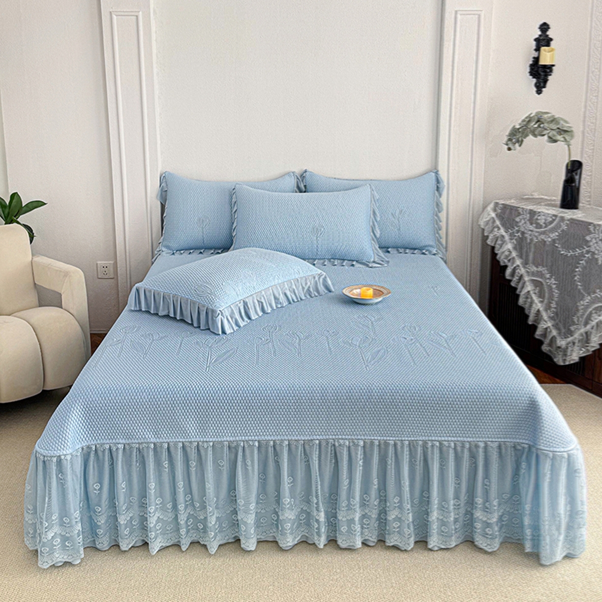 91家纺网 家纺一手货源 找家纺 金绣美居 2026新款PE高分子凉感席聚乙烯冰感床裙款凉席三件套-七里香 七里香-蓝色