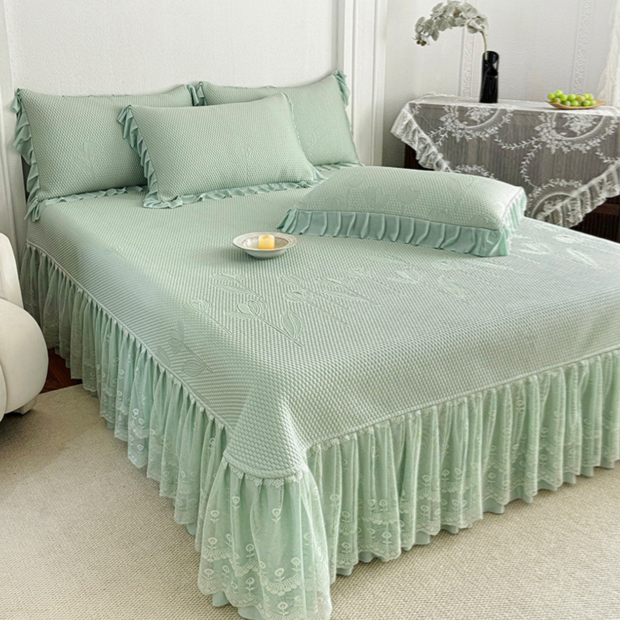 金绣美居 2026新款PE高分子凉感席聚乙烯冰感床裙款凉席三件套-七里香 七里香-绿色
