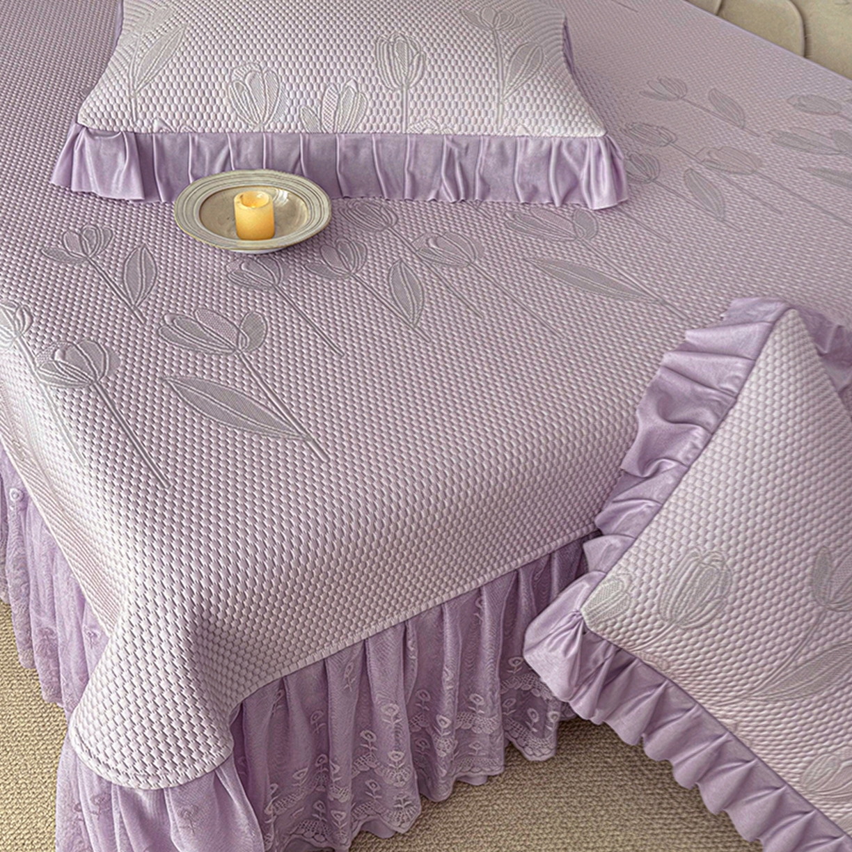 91家纺网 家纺一手货源 找家纺 金绣美居 2026新款PE高分子凉感席聚乙烯冰感床裙款凉席三件套-七里香 七里香-紫色