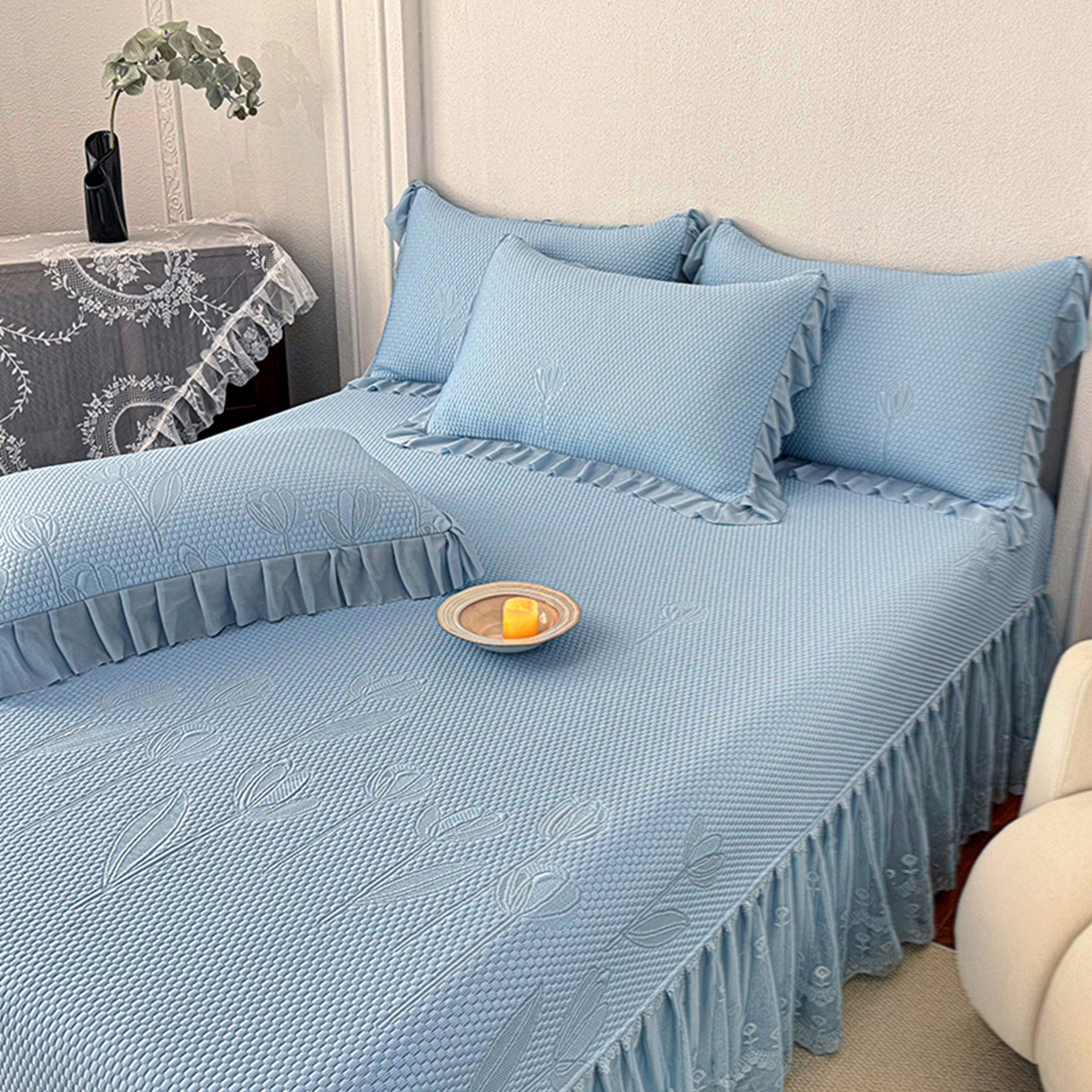 91家纺网 家纺一手货源 找家纺 金绣美居 2026新款PE高分子凉感席聚乙烯冰感床裙款凉席三件套-七里香 七里香-蓝色