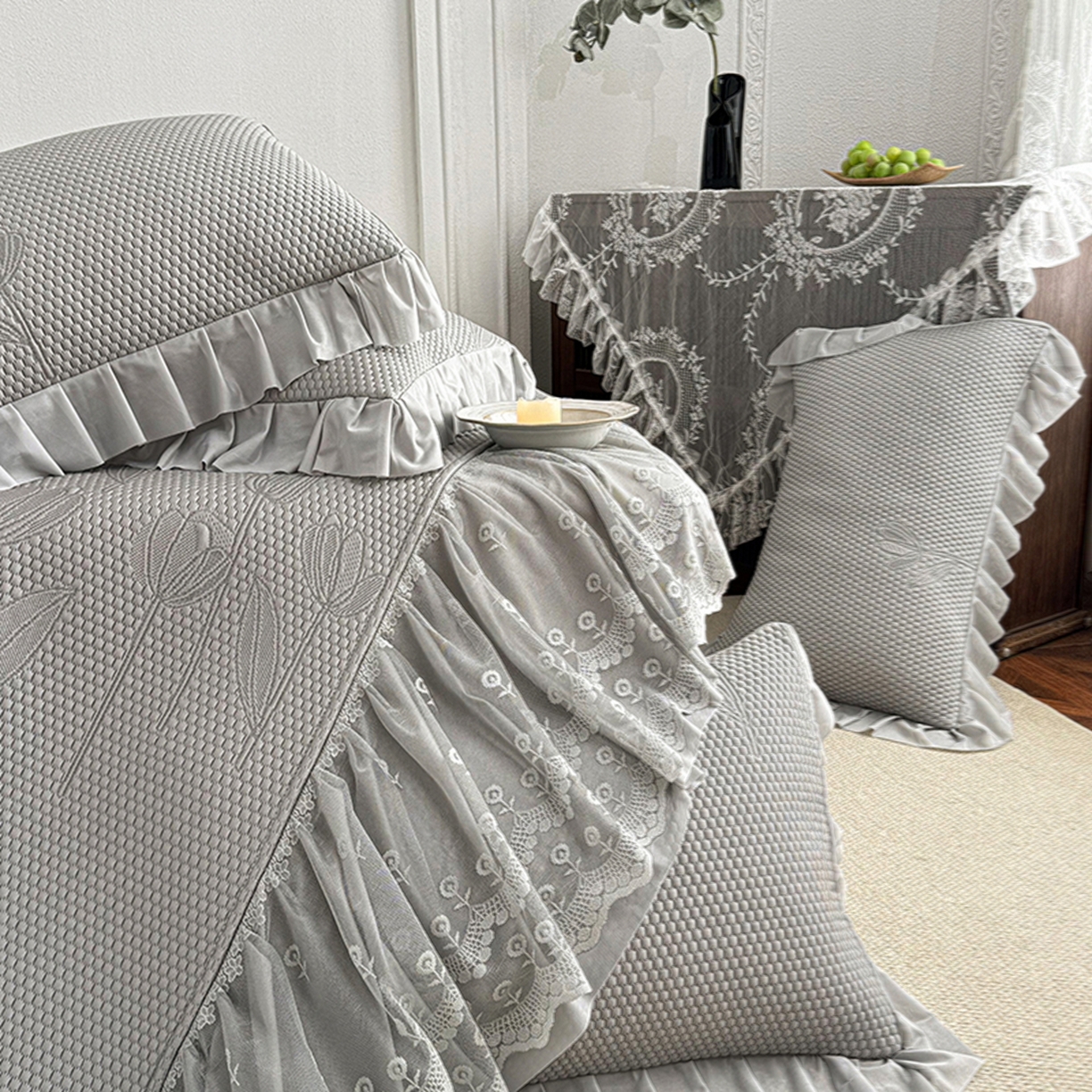 91家纺网 家纺一手货源 找家纺 金绣美居 2026新款PE高分子凉感席聚乙烯冰感床裙款凉席三件套-七里香 七里香-灰色