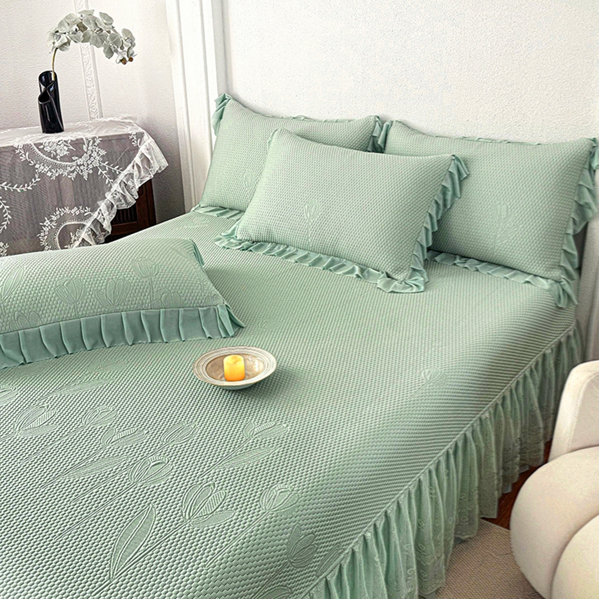 91家纺网 家纺一手货源 找家纺 金绣美居 2026新款PE高分子凉感席聚乙烯冰感床裙款凉席三件套-七里香 七里香-绿色