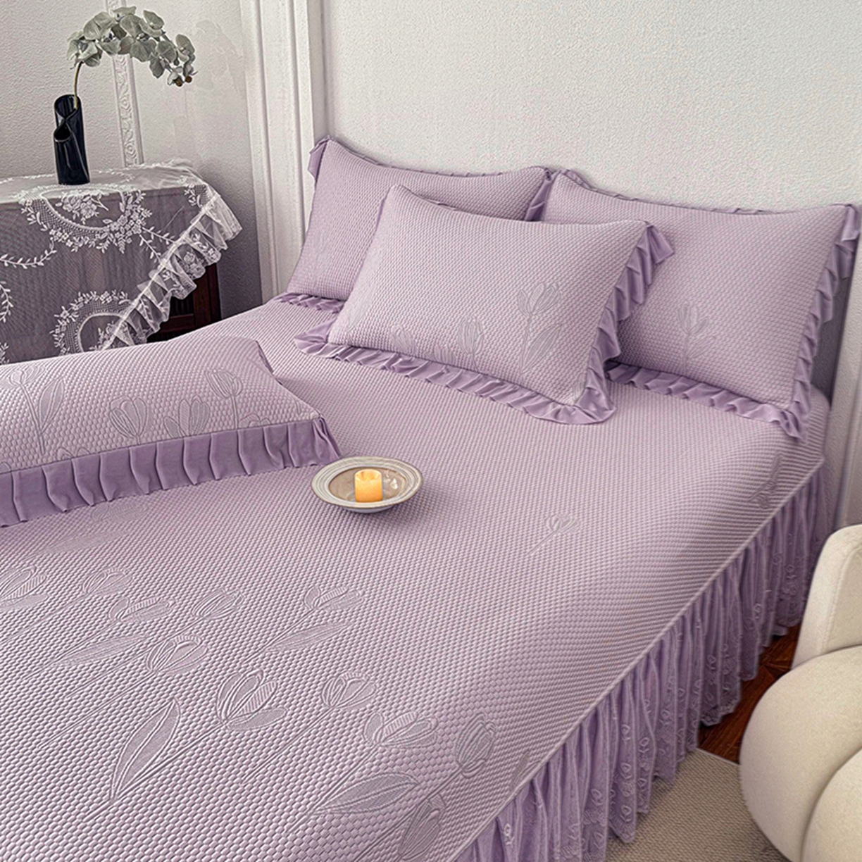 91家纺网 家纺一手货源 找家纺 金绣美居 2026新款PE高分子凉感席聚乙烯冰感床裙款凉席三件套-七里香 七里香-紫色