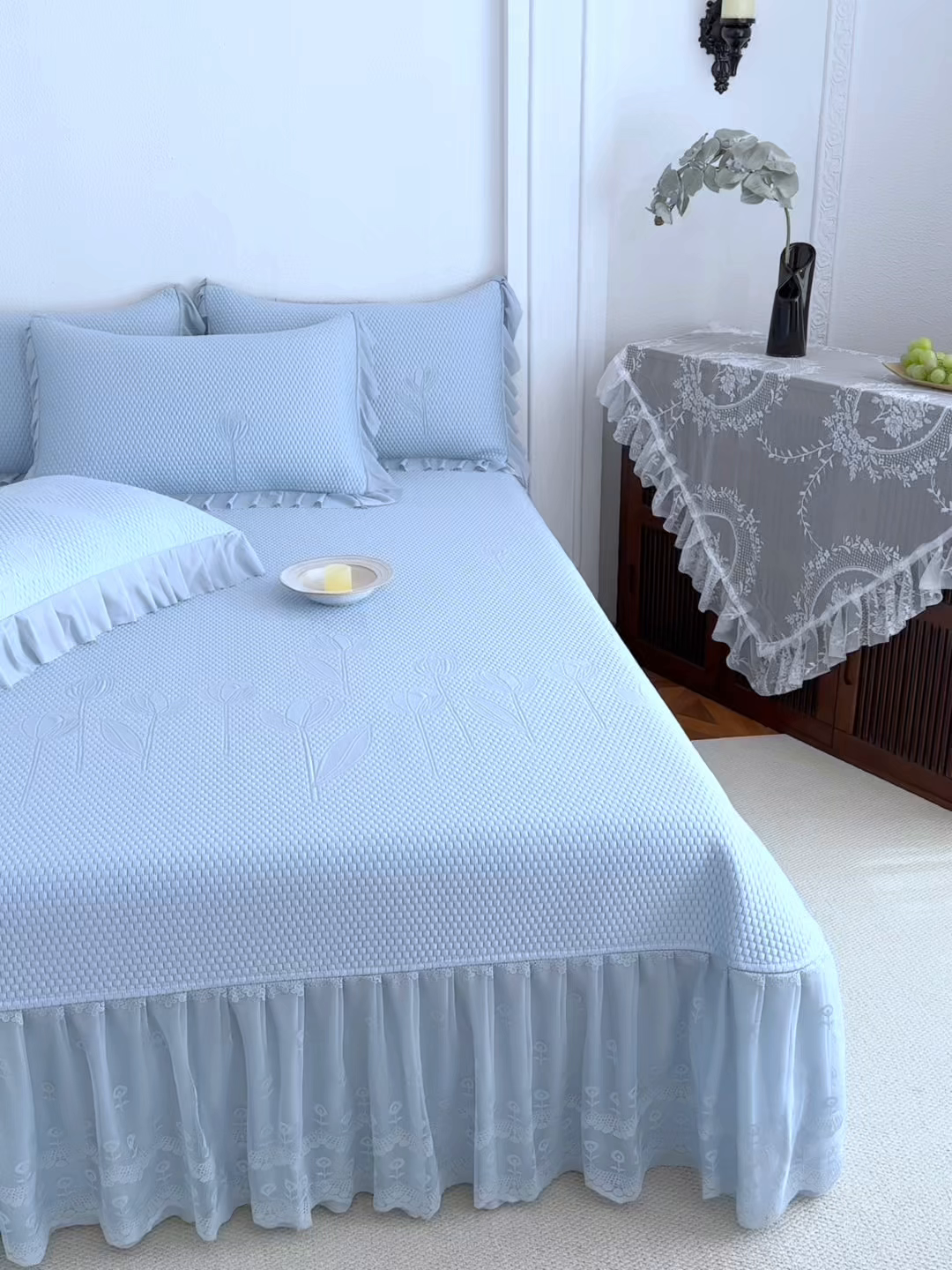 91家纺网 家纺一手货源 找家纺 金绣美居 2026新款PE高分子凉感席聚乙烯冰感床裙款凉席三件套-七里香 七里香-蓝色