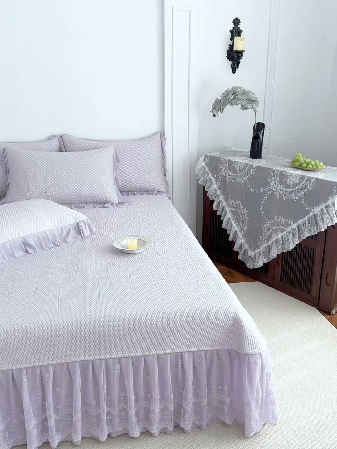 91家纺网 家纺一手货源 找家纺 金绣美居 2026新款PE高分子凉感席聚乙烯冰感床裙款凉席三件套-七里香 七里香-紫色