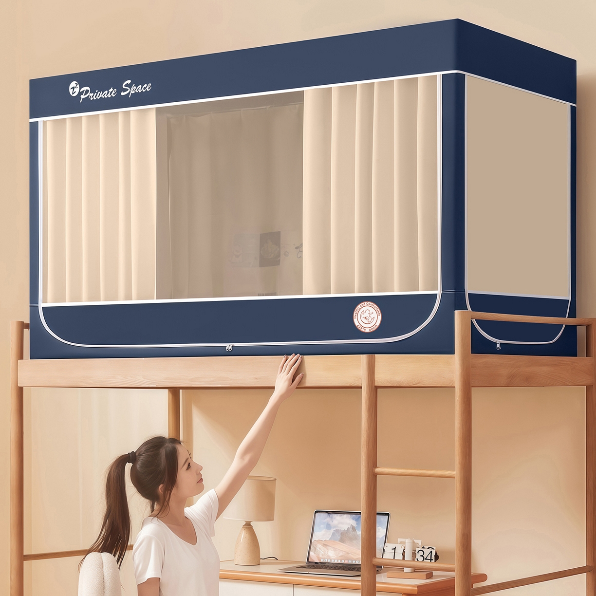 91家纺网 家纺一手货源 找家纺 澳萝拉 2026新款升级物理遮光防蚊无涂层无覆膜款学生坐床蚊帐 靛蓝拼米