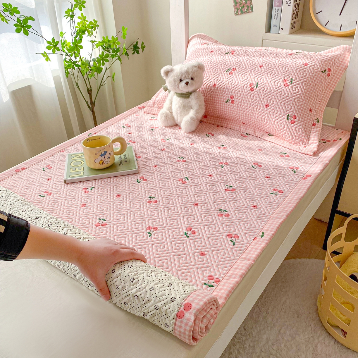 棉乐町家居 2026新款老粗布床盖床垫学生床 床盖 格子樱桃