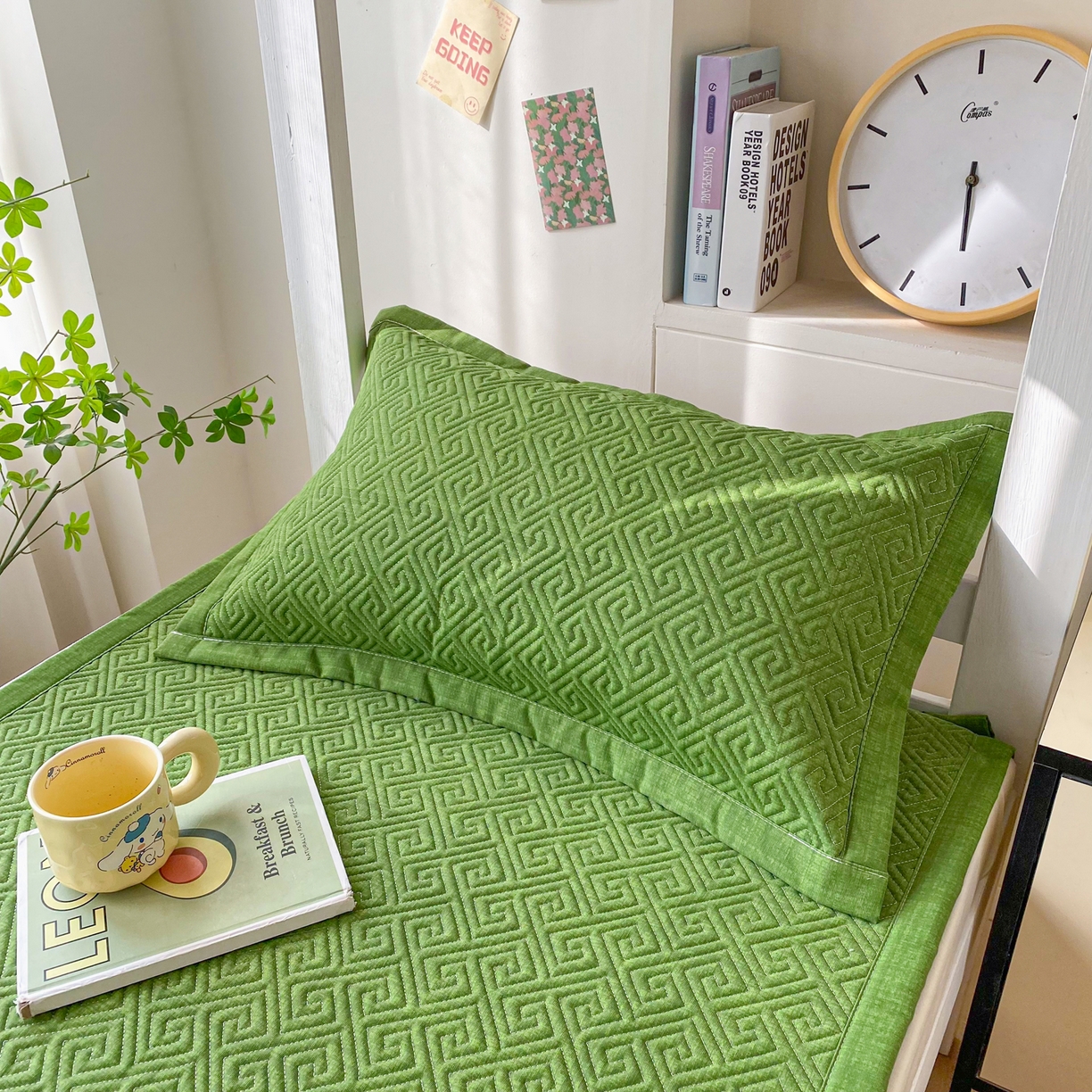 91家纺网 家纺一手货源 找家纺 棉乐町家居 2026新款老粗布床盖床垫学生床 床盖 嫩绿