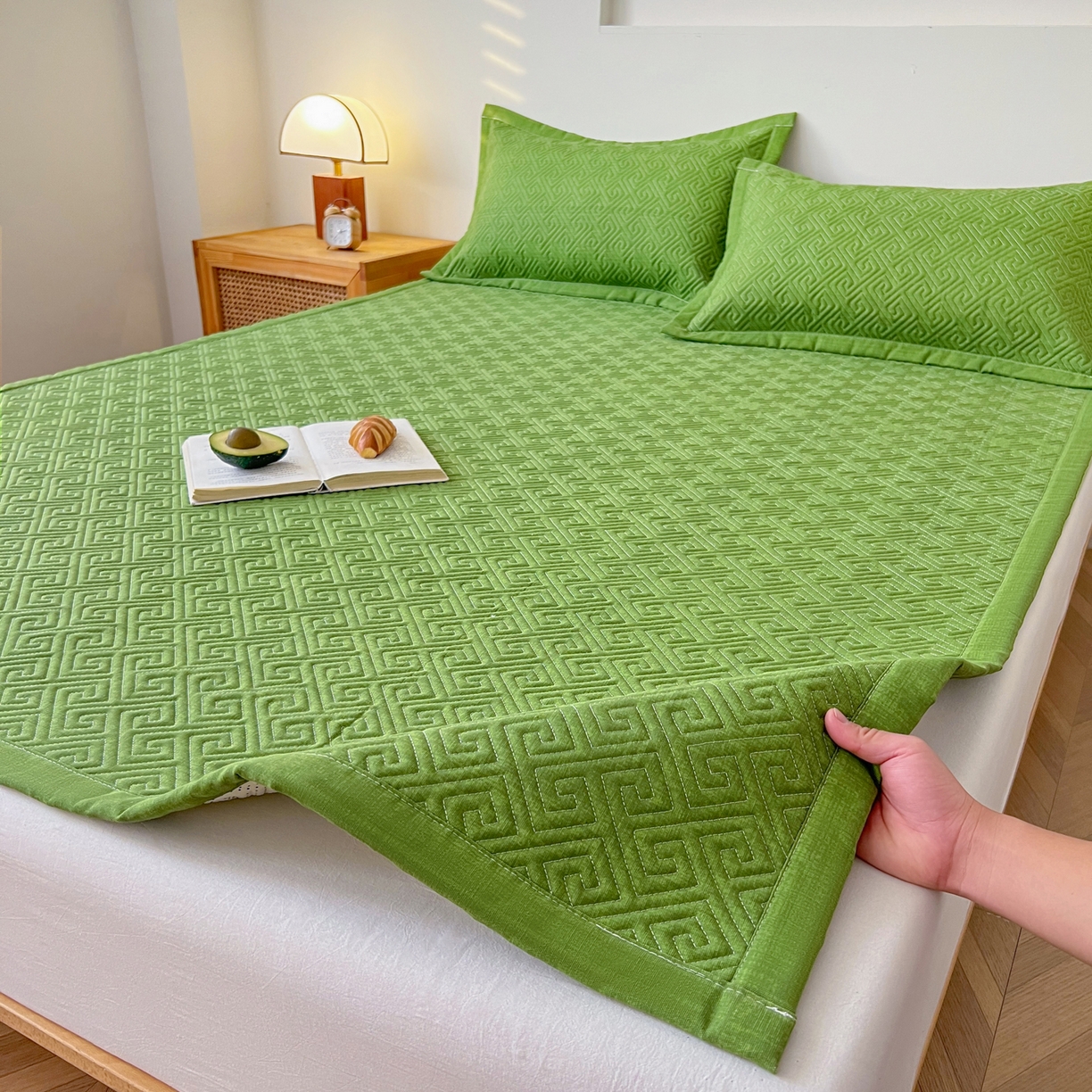 91家纺网 家纺一手货源 找家纺 棉乐町家居 2026新款老粗布床盖床垫大床 床盖 嫩绿