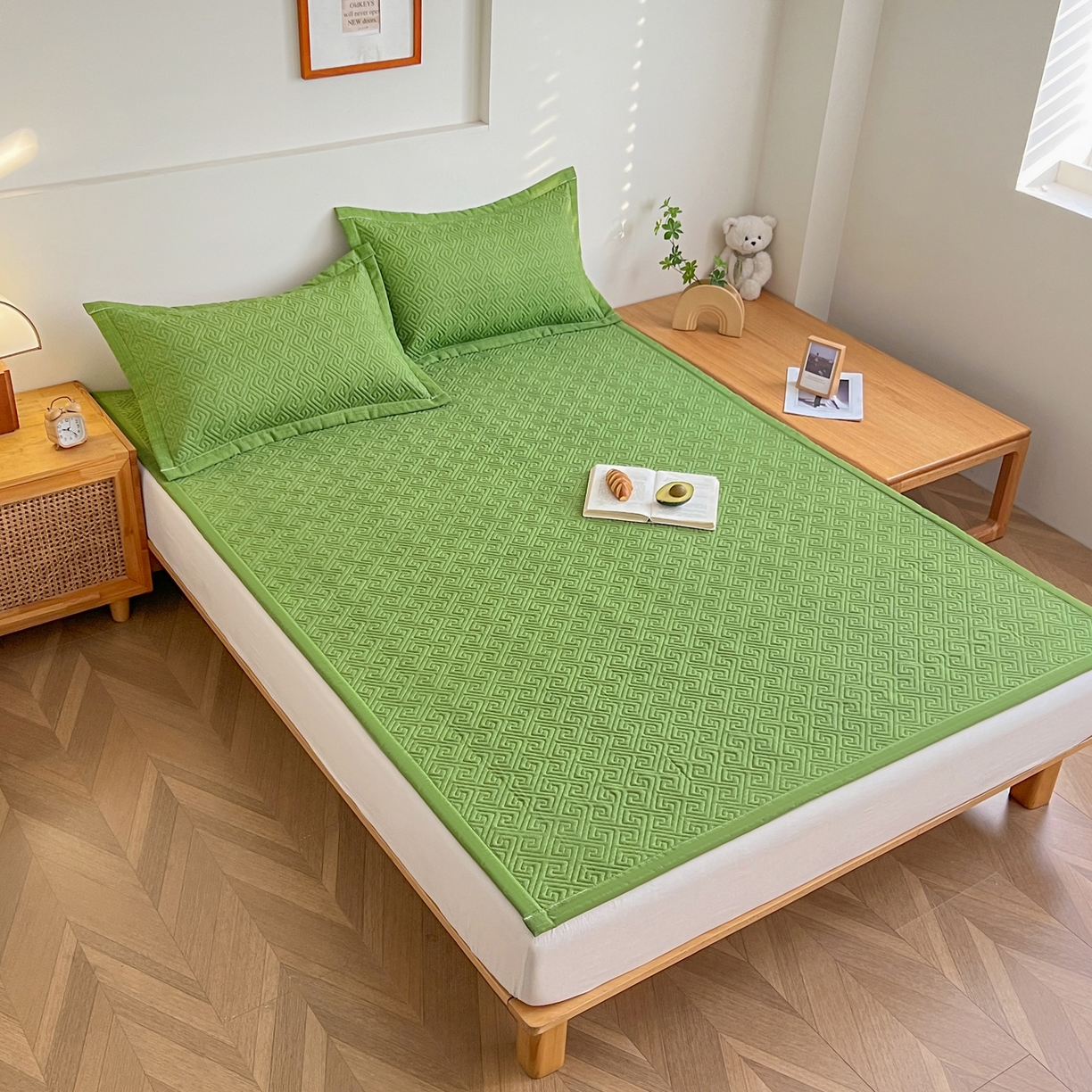 91家纺网 家纺一手货源 找家纺 金泰莱 2026新款老粗布床盖床垫大床 床盖 嫩绿