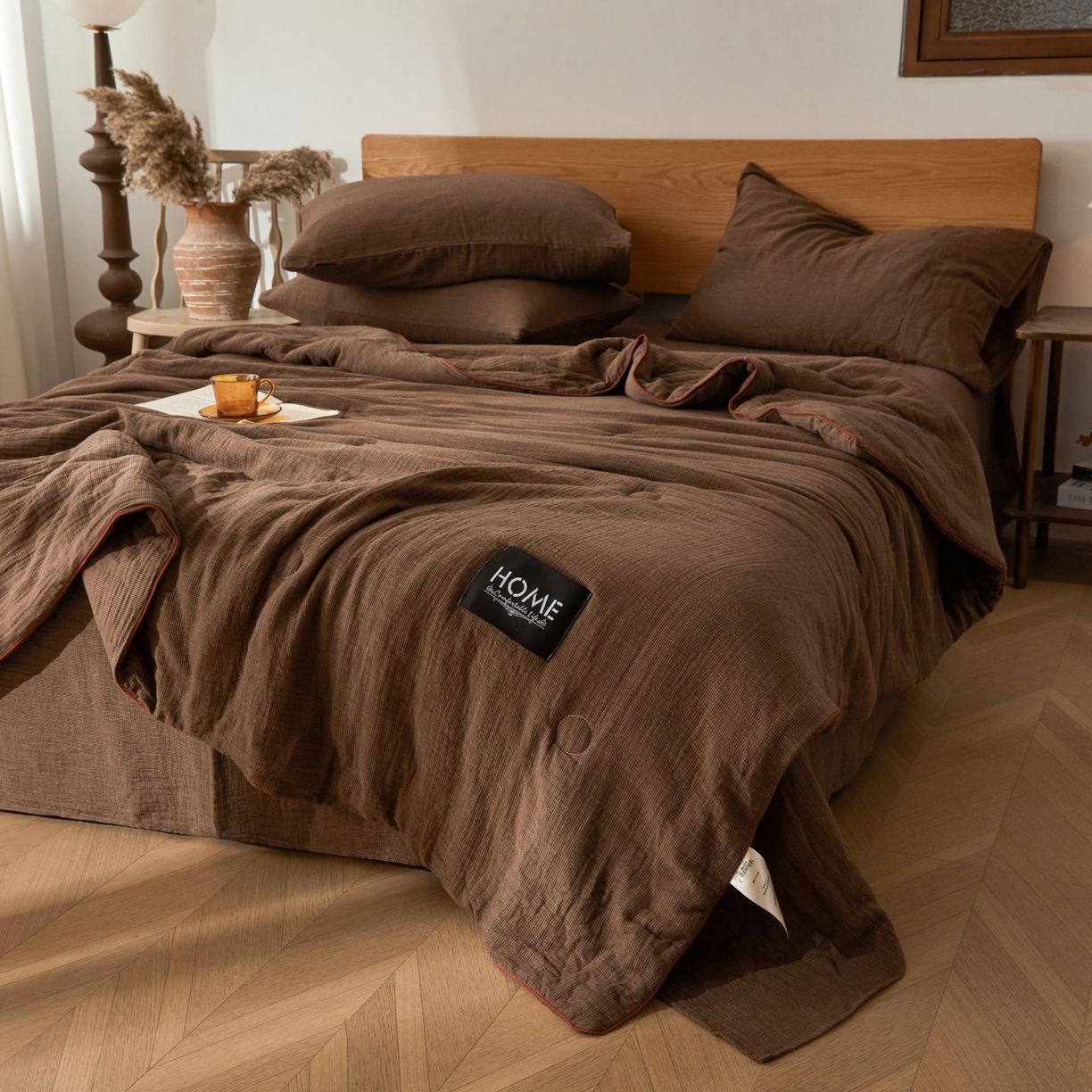 91家纺网 家纺一手货源 找家纺 乐家毛巾被（工厂自产自销） 2026新款A类新疆长绒棉色织提花双层纱千鸟格系列夏被 咖色