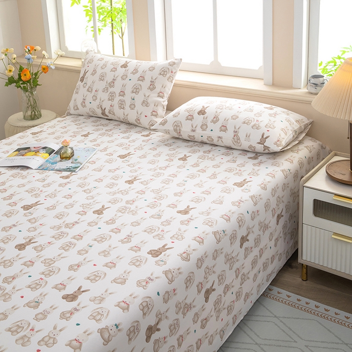 91家纺网 家纺一手货源 找家纺 帛洵家纺 2026新款A类原棉细纱印花老粗布凉席床单 可爱兔兔