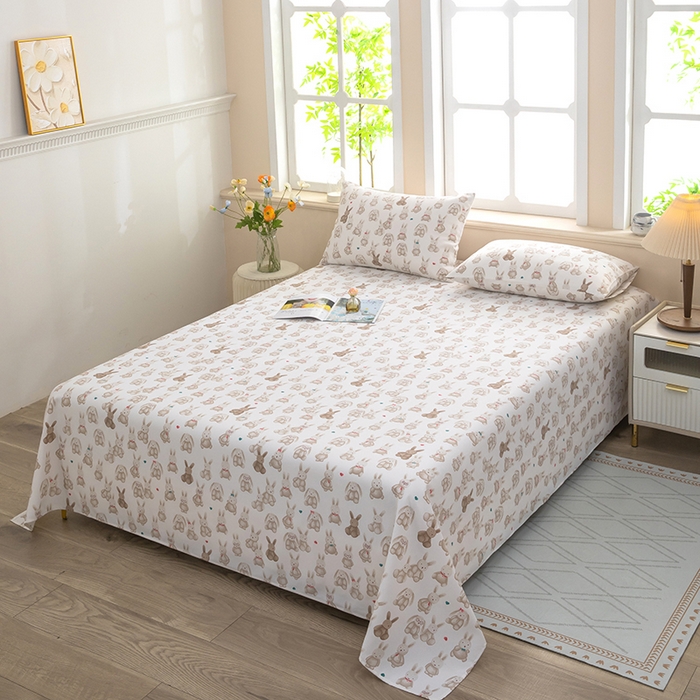 91家纺网 家纺一手货源 找家纺 帛洵家纺 2026新款A类原棉细纱印花老粗布凉席床单 可爱兔兔