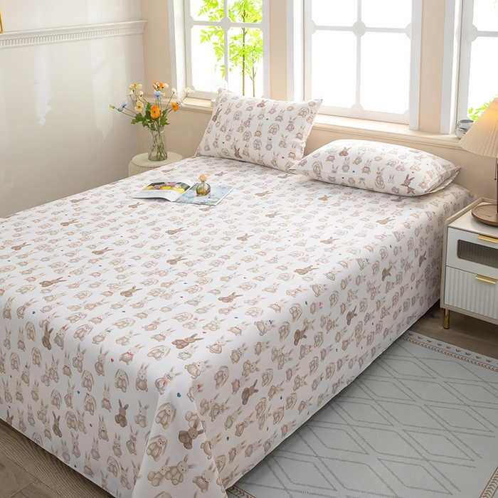 91家纺网 家纺一手货源 找家纺 帛洵家纺 2026新款A类原棉细纱印花老粗布凉席床单 可爱兔兔