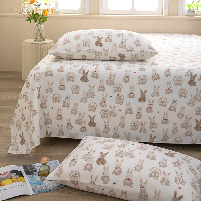 91家纺网 家纺一手货源 找家纺 帛洵家纺 2026新款A类原棉细纱印花老粗布凉席床单 可爱兔兔