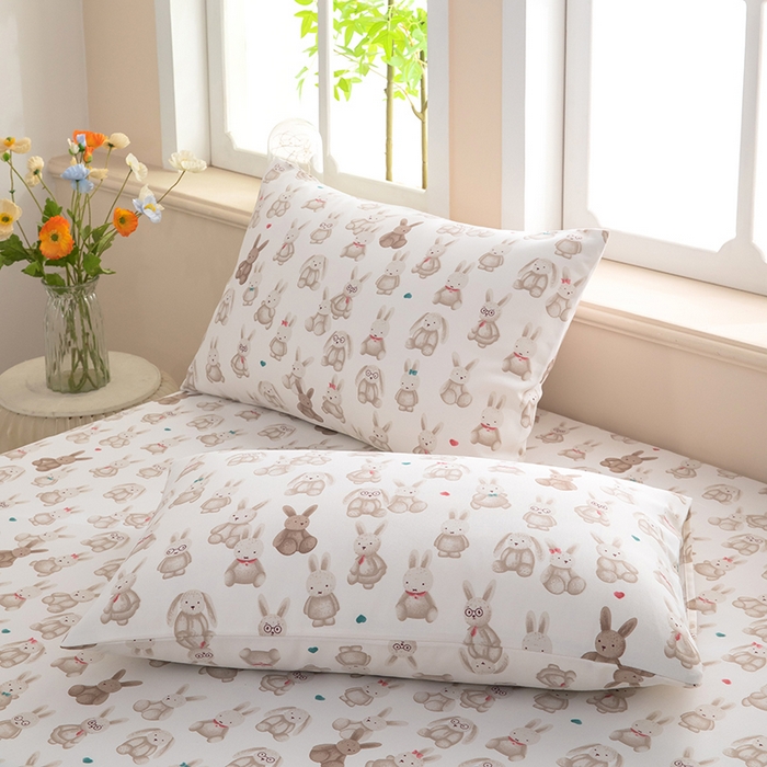 91家纺网 家纺一手货源 找家纺 帛洵家纺 2026新款A类原棉细纱印花老粗布凉席床单 可爱兔兔