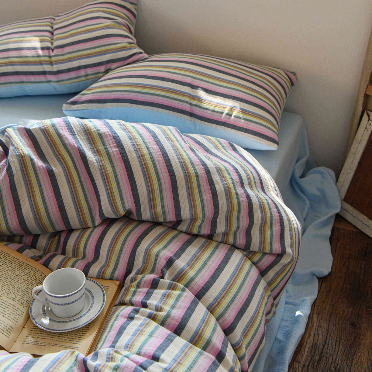 （总）山舍家居 2026新款全棉纯棉色织中古纱布条纹四件套赫本赫兹