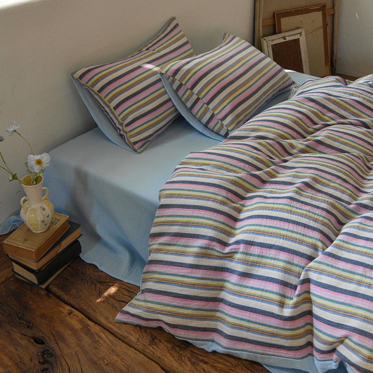 91家纺网 家纺一手货源 找家纺 （总）山舍家居 2026新款全棉纯棉色织中古纱布条纹四件套赫本赫兹