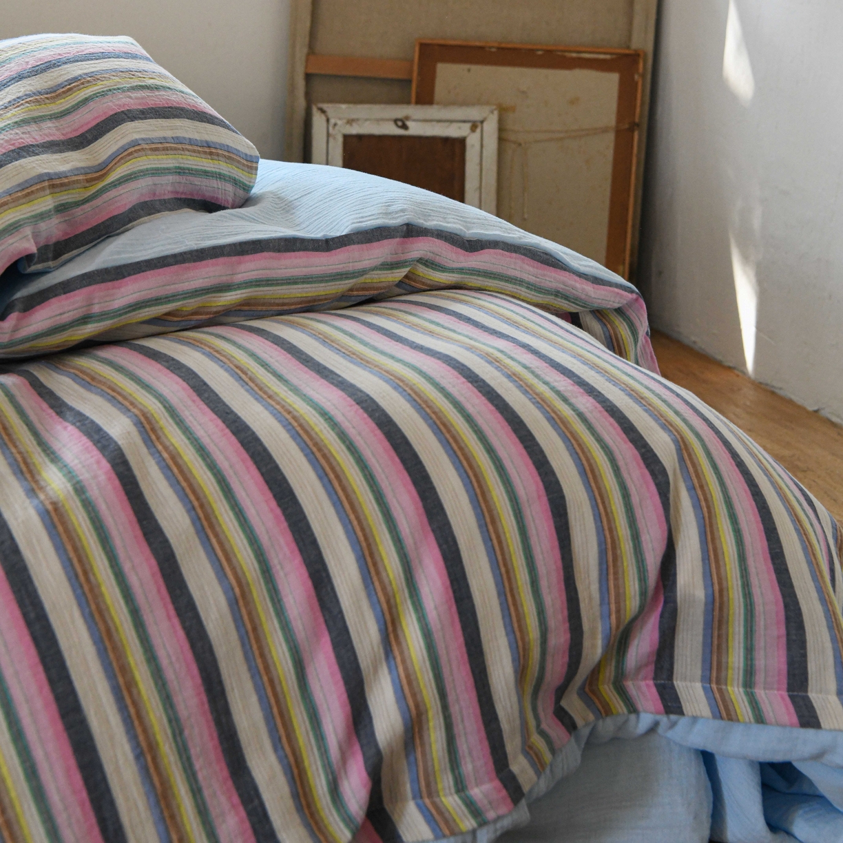 91家纺网 家纺一手货源 找家纺 （总）山舍家居 2026新款全棉纯棉色织中古纱布条纹四件套赫本赫兹