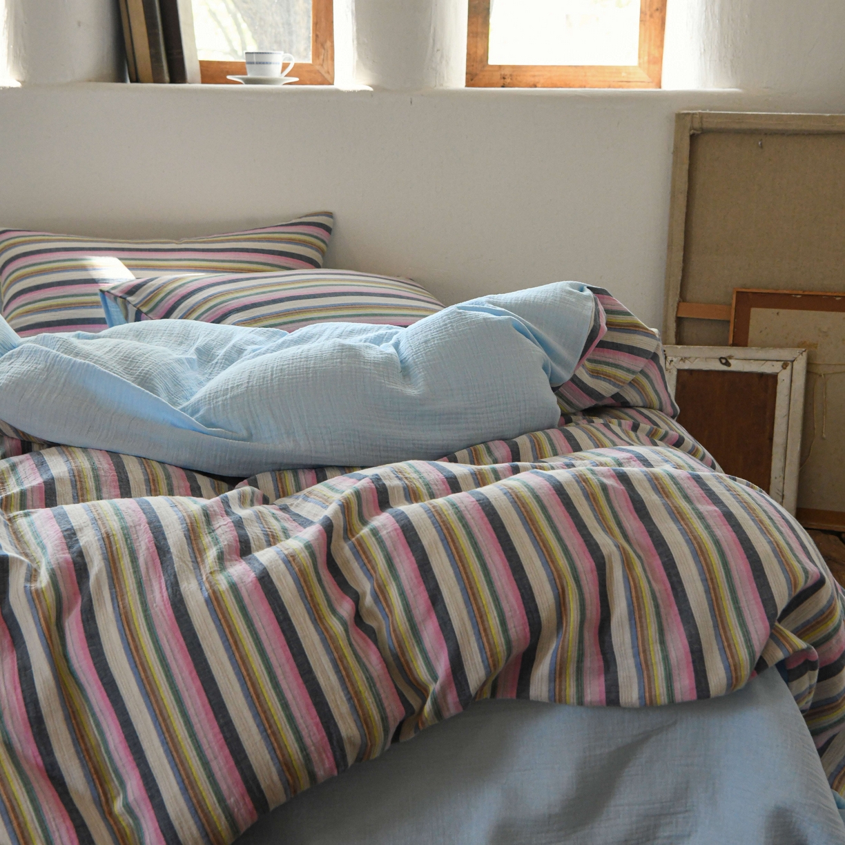 91家纺网 家纺一手货源 找家纺 （总）山舍家居 2026新款全棉纯棉色织中古纱布条纹四件套赫本赫兹