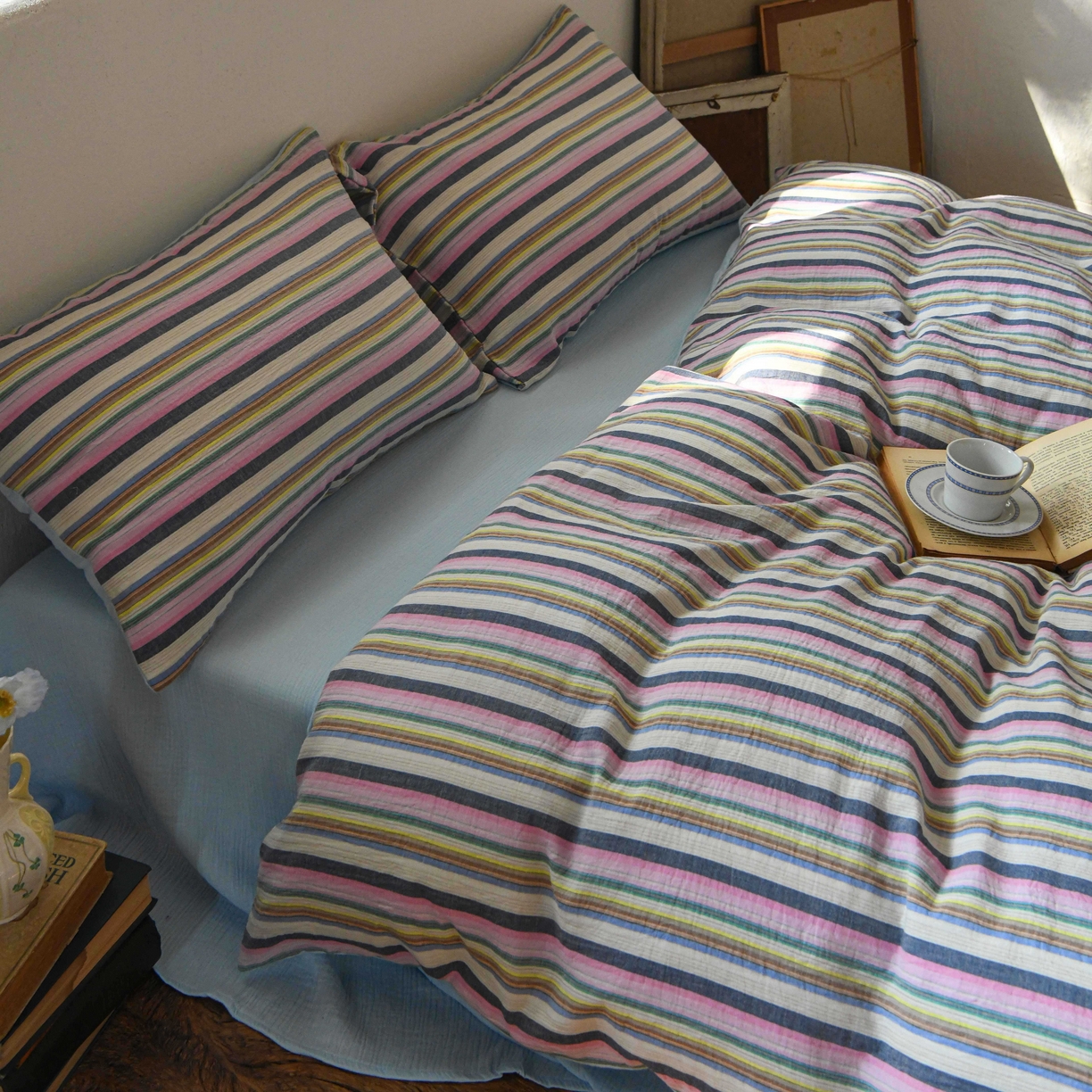 91家纺网 家纺一手货源 找家纺 （总）山舍家居 2026新款全棉纯棉色织中古纱布条纹四件套赫本赫兹