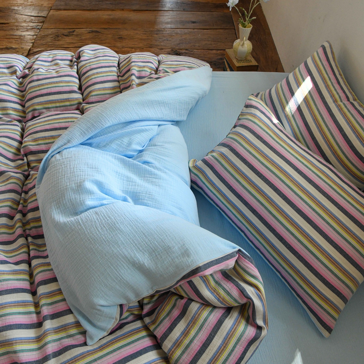 91家纺网 家纺一手货源 找家纺 （总）山舍家居 2026新款全棉纯棉色织中古纱布条纹四件套赫本赫兹