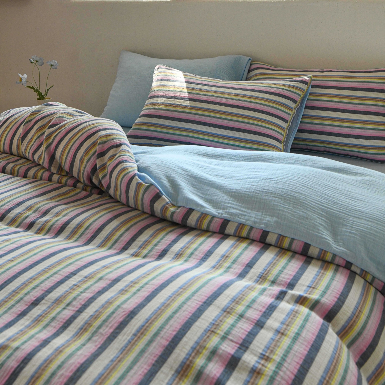 91家纺网 家纺一手货源 找家纺 （总）山舍家居 2026新款全棉纯棉色织中古纱布条纹四件套赫本赫兹