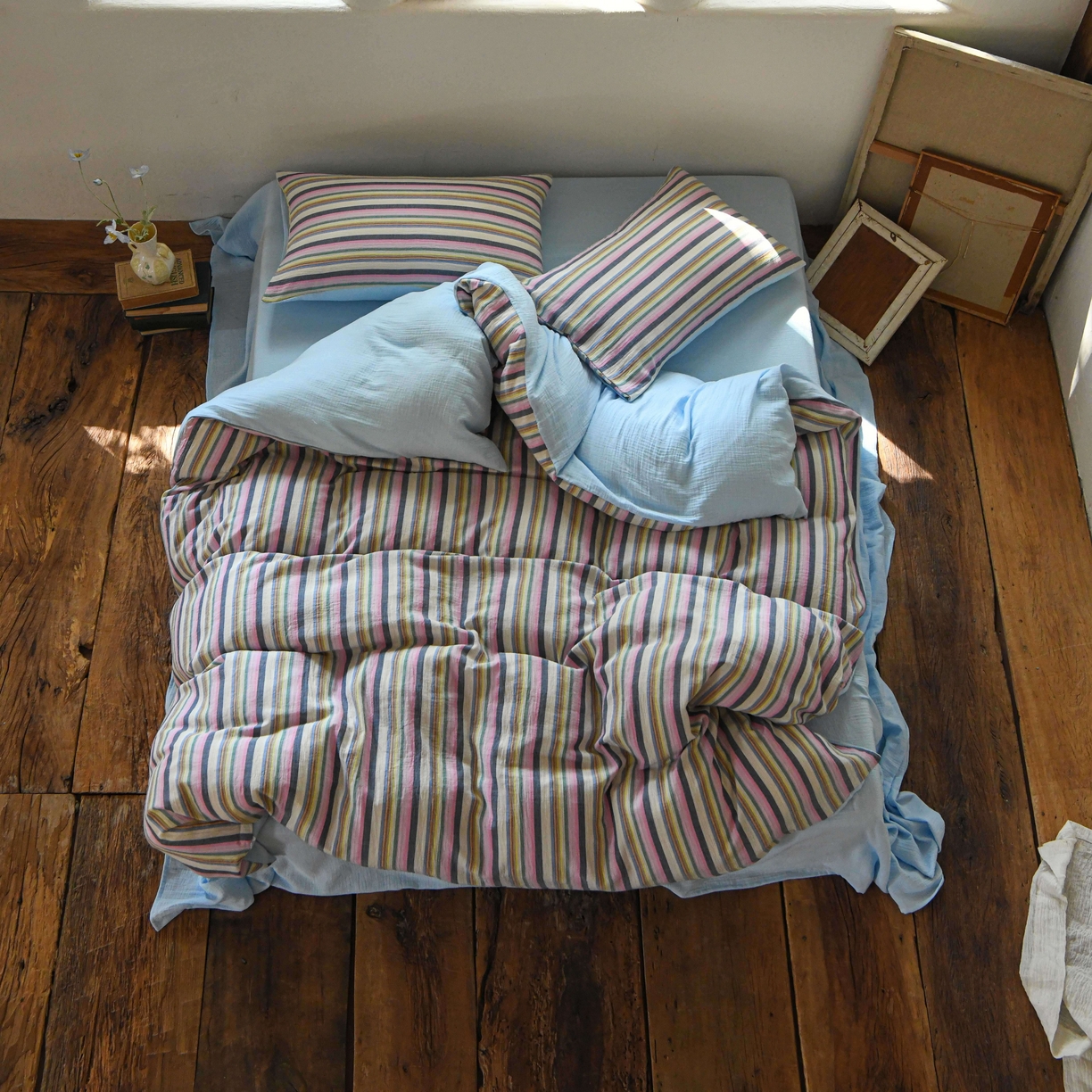 91家纺网 家纺一手货源 找家纺 （总）山舍家居 2026新款全棉纯棉色织中古纱布条纹四件套赫本赫兹